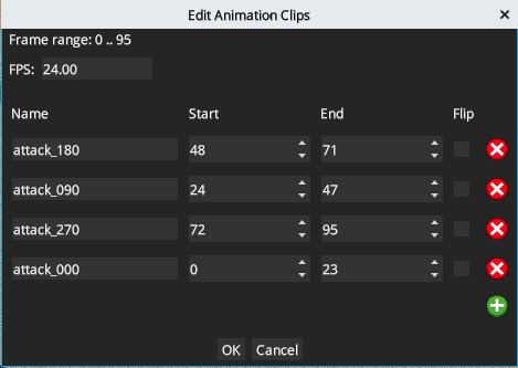 Edit Animation Clips dialog in Pixscape Studio