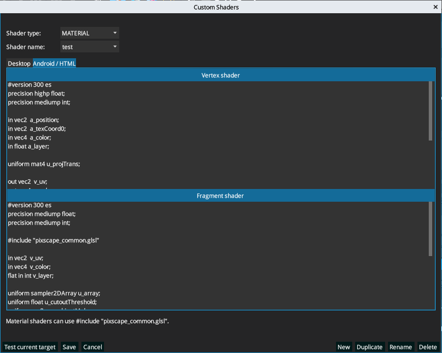 Custom Shaders editor in Pixscape Studio
