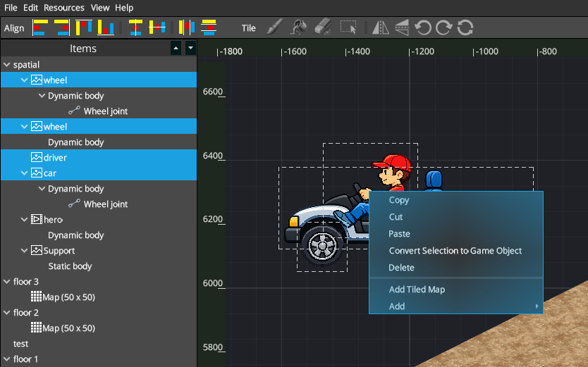 Selected car entities with the Convert Selection to Game Object action visible in the Canvas context menu
