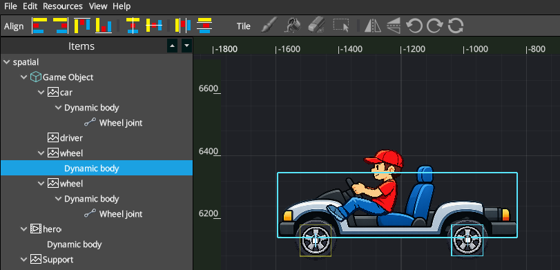 Items panel showing a Game Object root with car, driver, wheel, Physics body, and wheel joint children