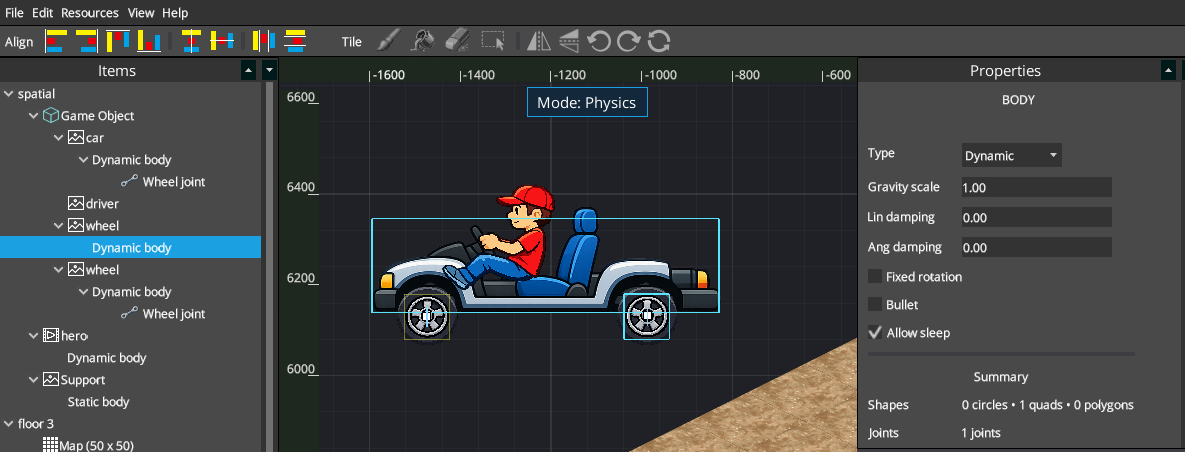 Game Object hierarchy with a member Dynamic body selected in Physics mode and Body Properties visible