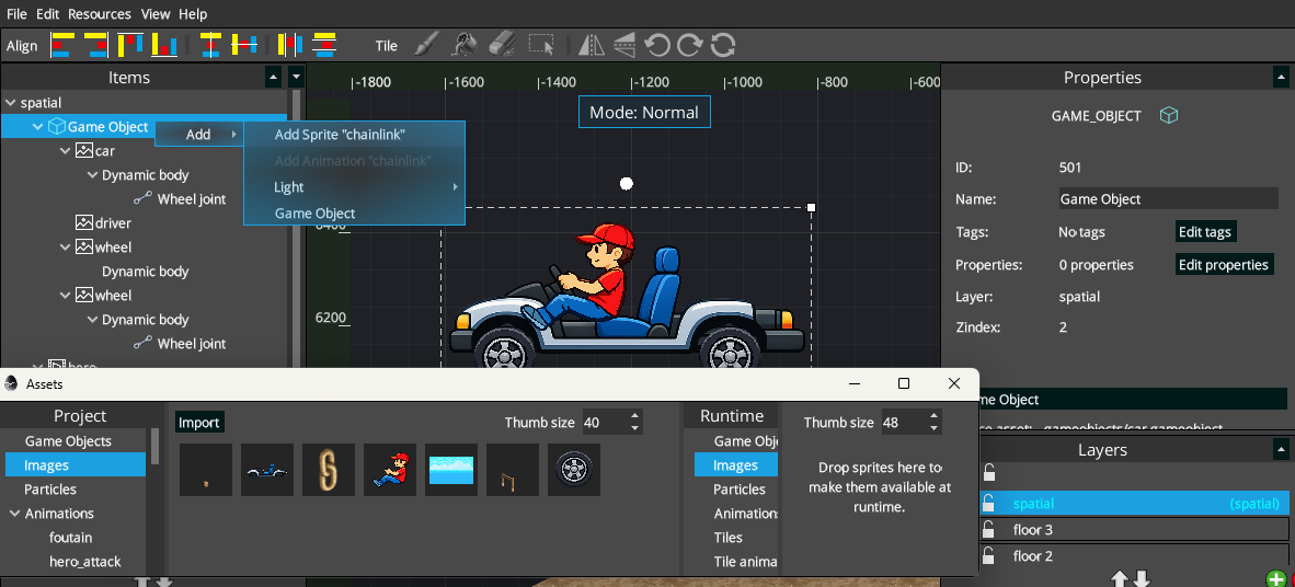 Game Object root selected with its Properties and contextual Add menu visible