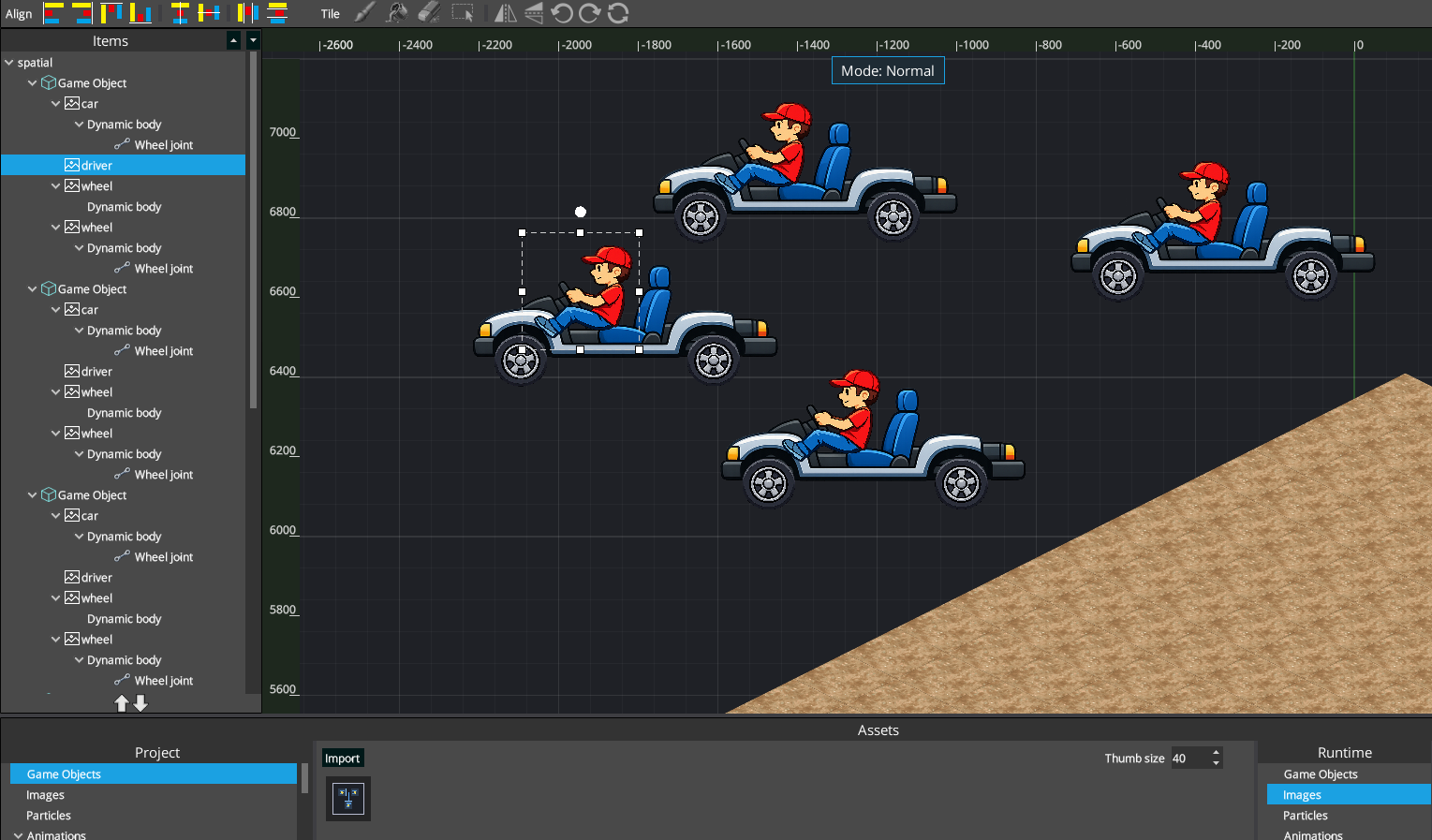 Several independently placed car Game Objects with the Game Objects asset category visible