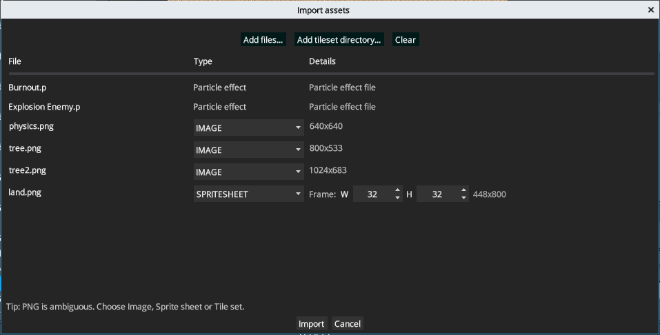 Import assets dialog in Pixscape Studio