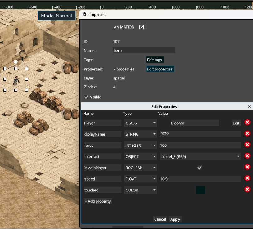 Pixscape Studio Edit Properties dialog showing String, Class, Integer, Object, Boolean, Float, and Color property types