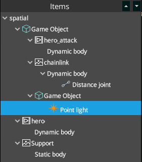 Pixscape Studio Items tree showing Game Object hierarchies, child entities, physics bodies, a joint, a light, and ordinary scene entities