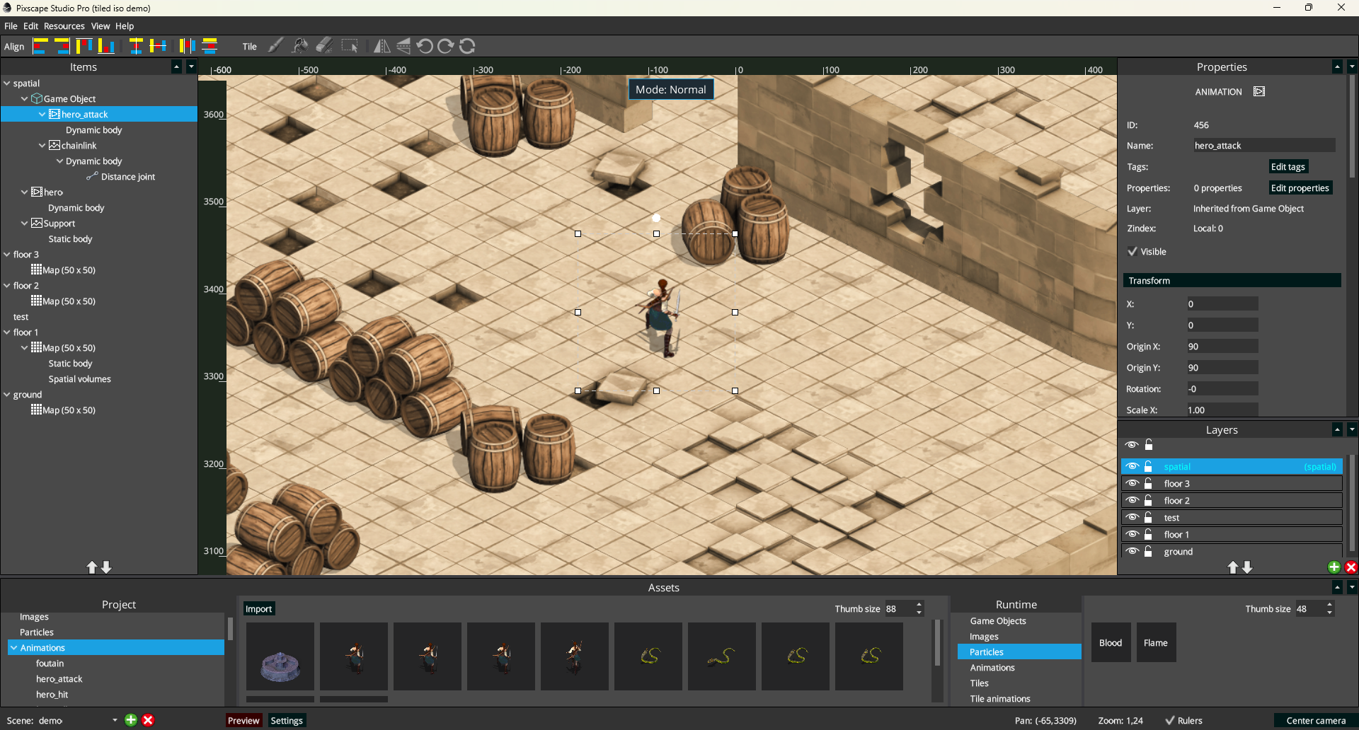 Pixscape Studio with the hero selected in the Items tree, on the Canvas, and displayed in the Properties panel