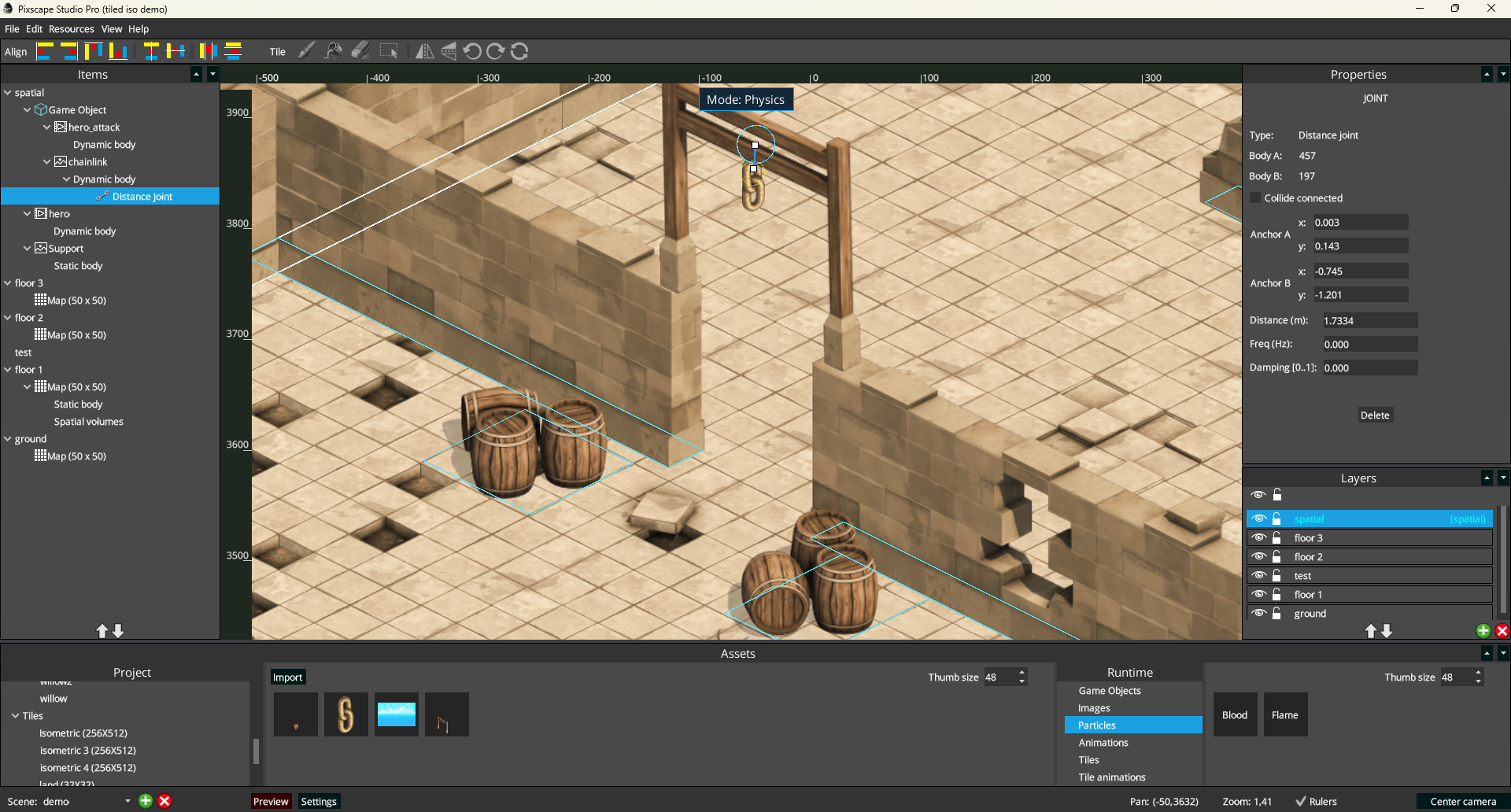 Pixscape Studio in Physics mode with a revolute joint selected in Items and joint controls shown in Properties