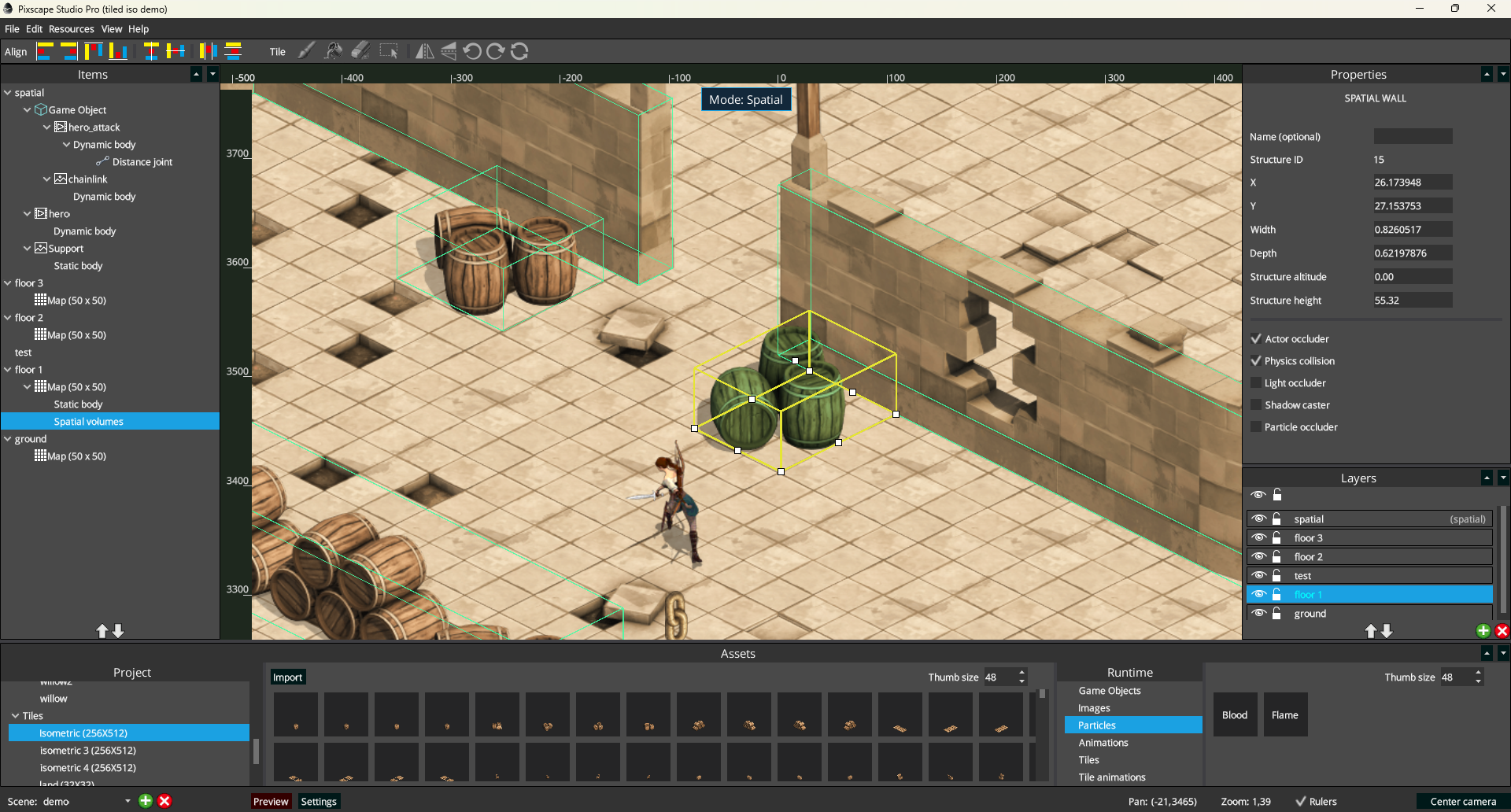 Pixscape Studio in Spatial mode with Spatial volumes selected in Items and Spatial Wall controls shown in Properties