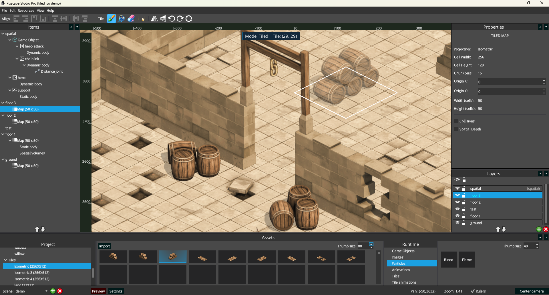 Pixscape Studio in Tiled mode with a map selected in Items and Tiled Map controls shown in Properties