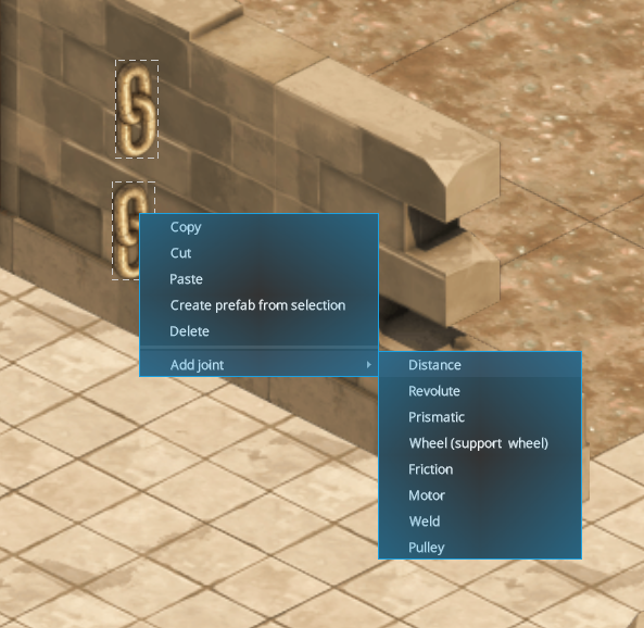 Pixscape Studio Canvas context menu with two body entities selected and the Add joint submenu open