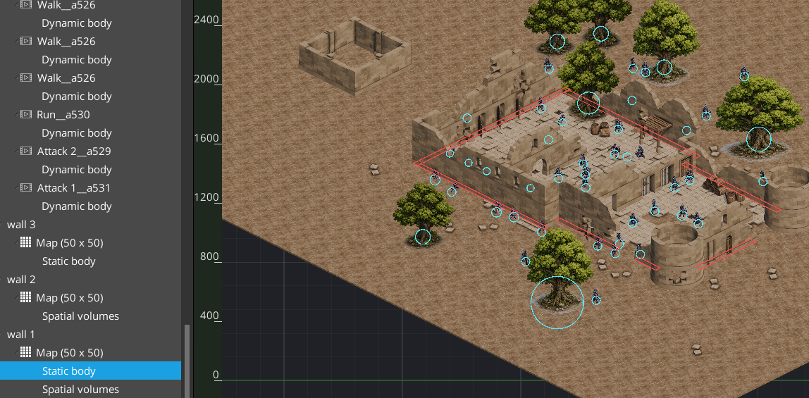 Physics editing mode with collision shapes displayed on the Pixscape Studio canvas