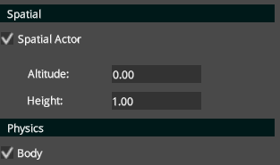 Pixscape Studio Properties showing Spatial Actor, Altitude and Height