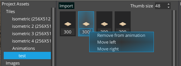 Editing tiled animation frames with duration and context menu