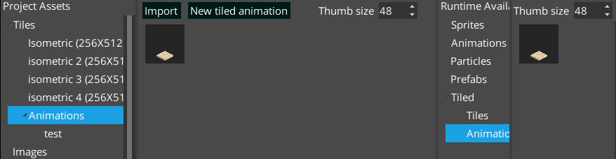 Tiled animations category in the Project Assets panel