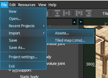 Pixscape Studio File menu with Import and Tiled map (.tmx) selected