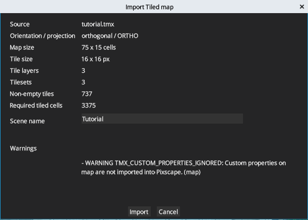 Pixscape Studio Tiled import preflight showing the map summary, scene name, warnings and Import button