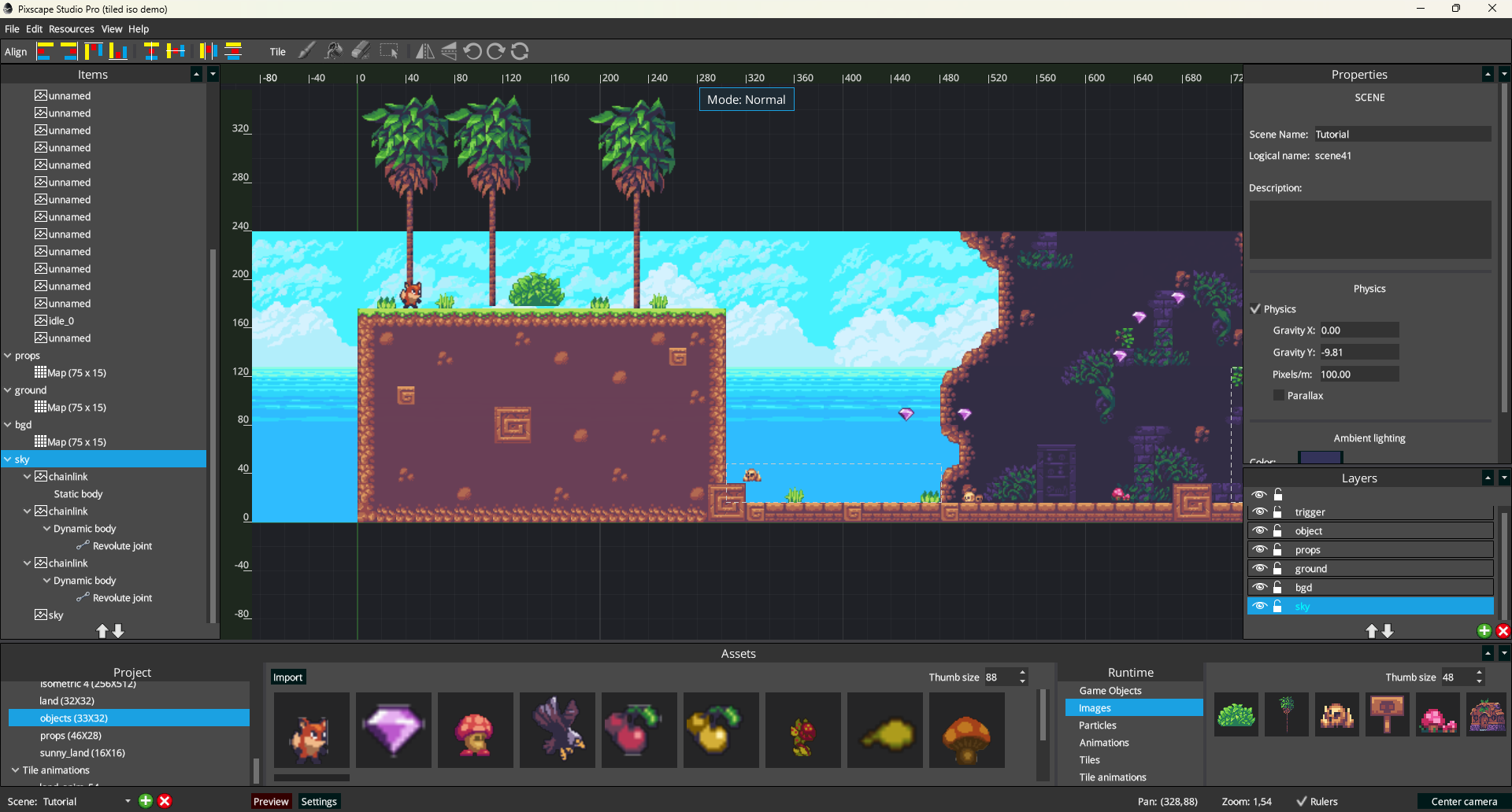 Imported TMX open as editable Pixscape scene content with Universal Layers and Tiled Maps visible