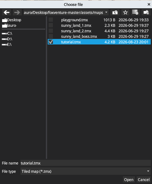 Pixscape Studio file chooser with a TMX map selected