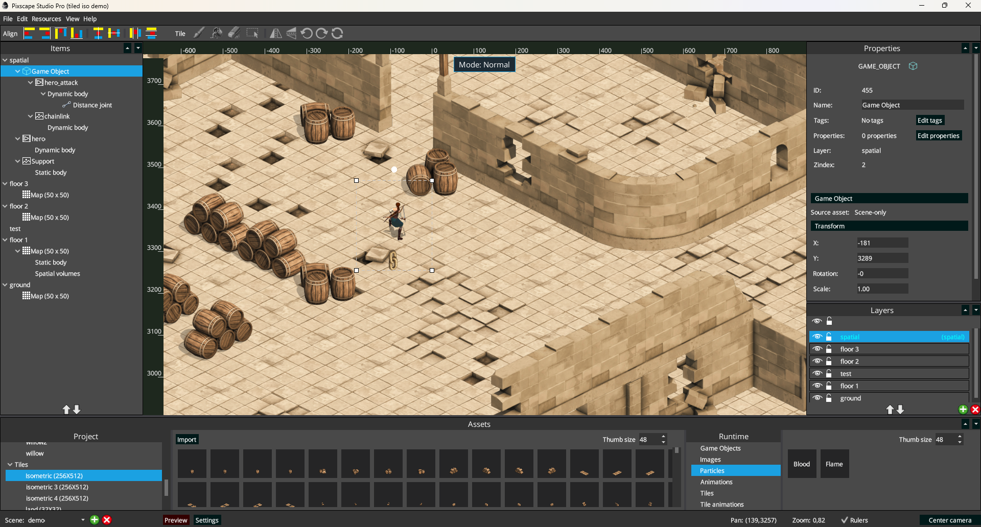 Pixscape Studio showing an isometric scene with a selected Game Object, the Mode Normal indicator, Items and Properties panels, Universal Layers, Project Assets, and Runtime Availability